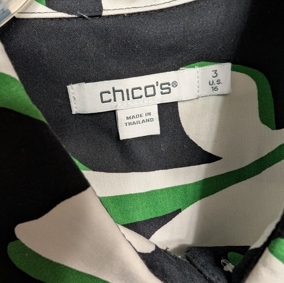 Chico's Non Iron Black and Green Floral Abstract Button Down 3/4 Sleeve Top 16 - Picture 3 of 11